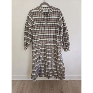 Just Female Anthropologie Midi Soon Plaid Taupe Organic Cotton Dress 36 Small S